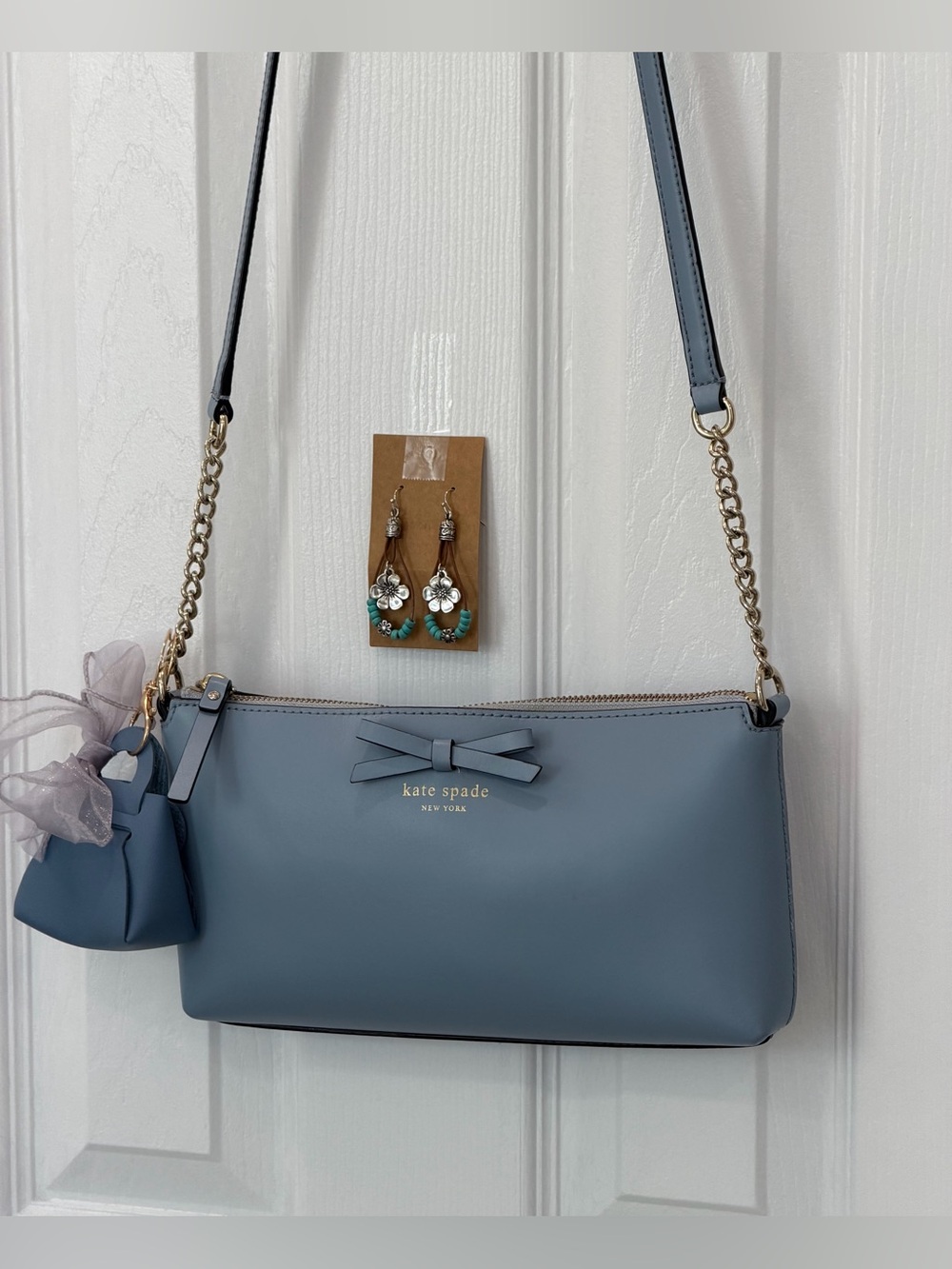 kate spade Dusty Blue Leather Bow Crossbody Bag &bag charm& earrings